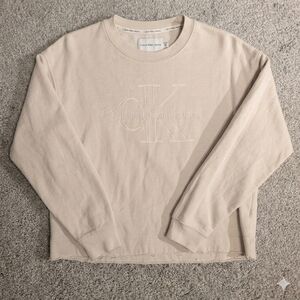Calvin Klein Jeans Monogram Logo Raw Hem Sweatshirt - Cream S